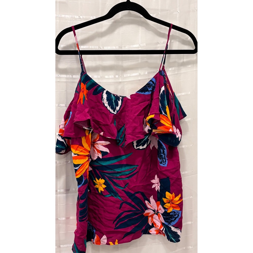 Old Navy Magenta Tropical Floral Cold‎ Shoulder Ruffle Cami Top Womens Medium